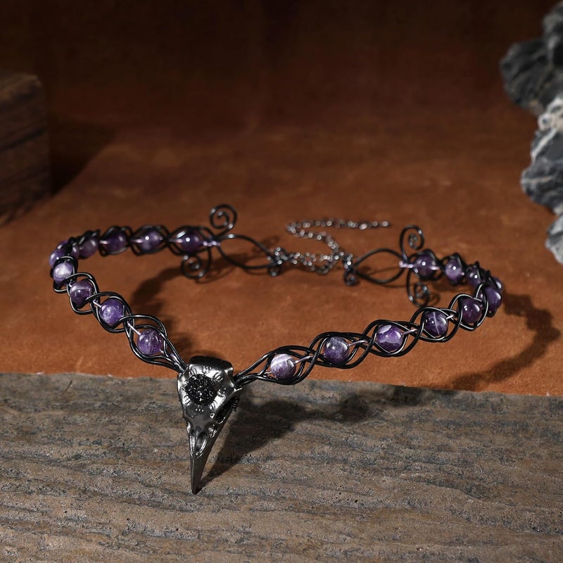CoTeeZa Viking Fairy Crown Crow Headpiece - Fantasy Gothic Circlet Amethyst Braided Headband, Medieval Celtic Crowns Dark Witch Headwear for Renaissance Costume Halloween Cosplay - Image 4